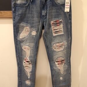 INC International Concepts Blue Skinny Jeans with Red Patch Distressing